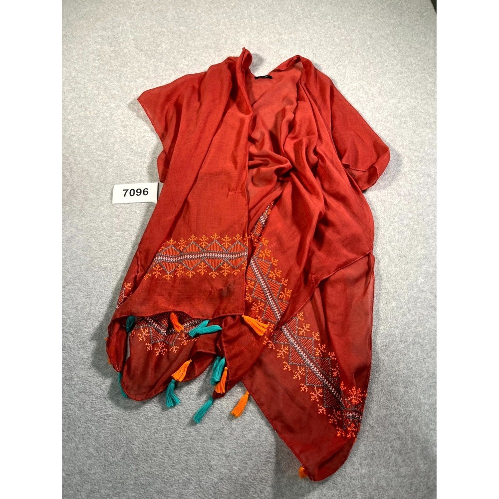 Janice Kimono Cover Up Top Women One Size Red Embroidered Tassel Casual Outdoor